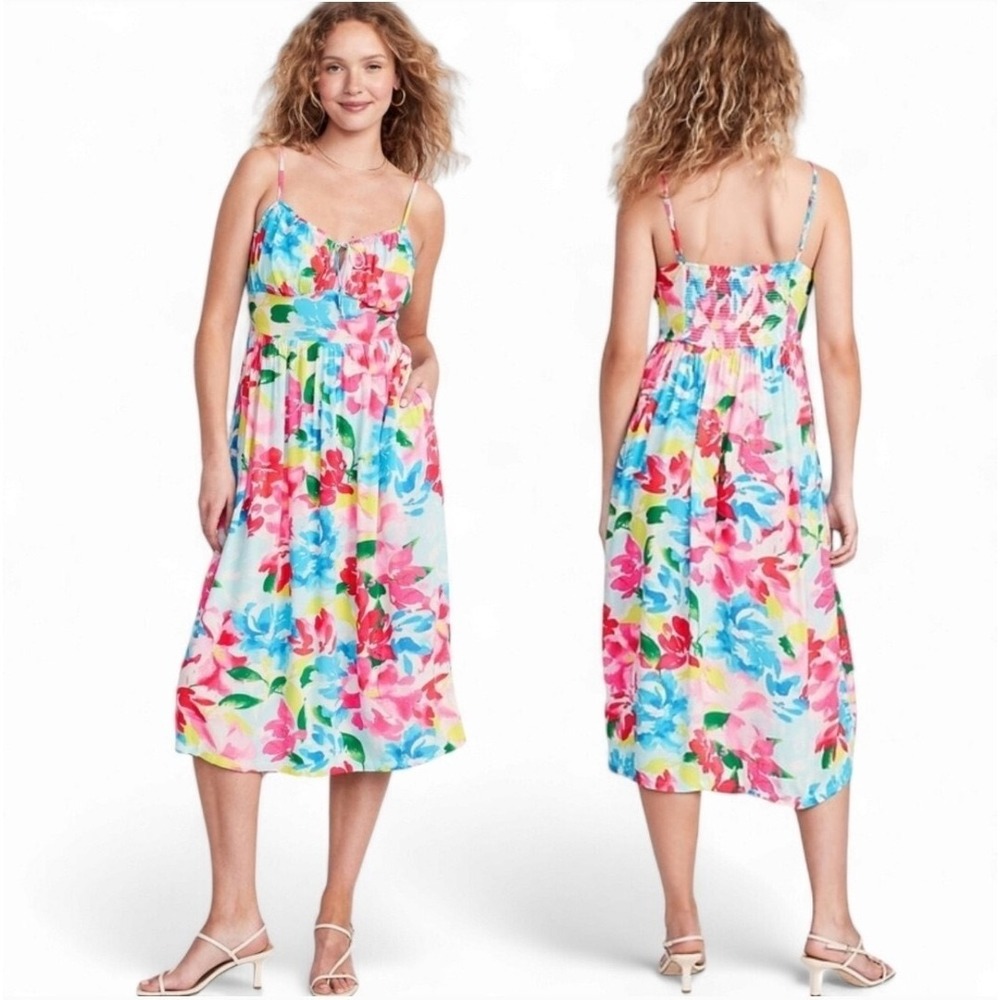 Old Navy Midi Dress Womens M Watercolor Floral Smocked Cami Soft Bodice pockets